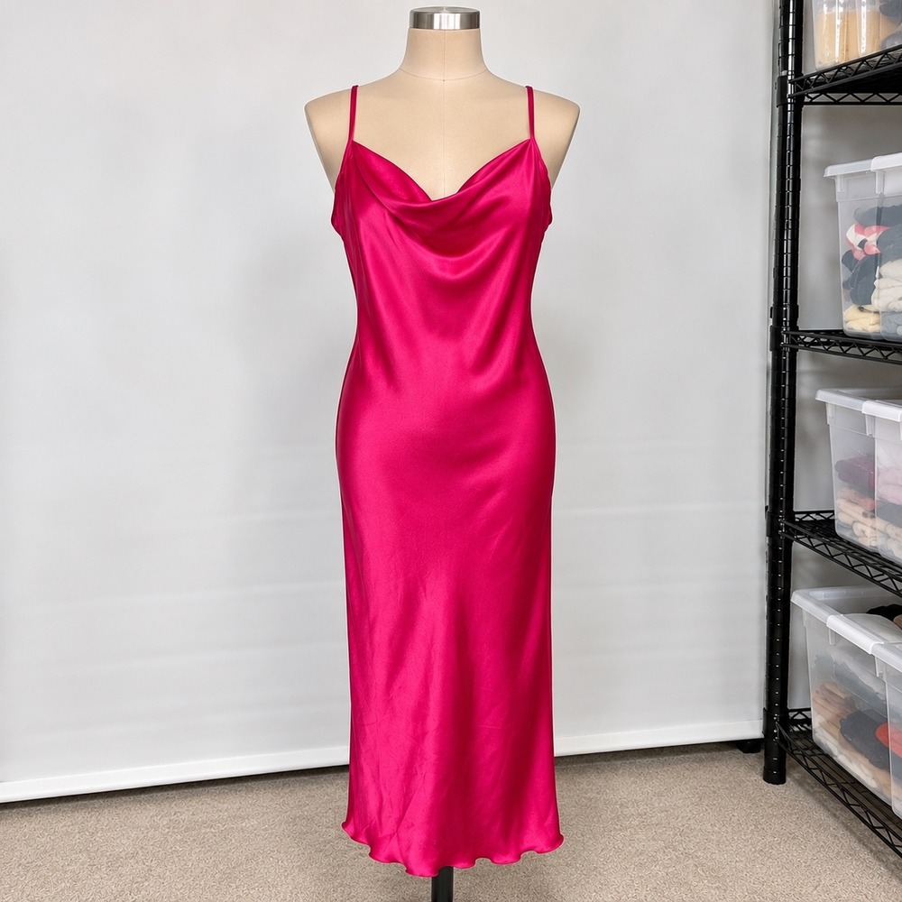 Bebe Slip Dress Womens S Pink Cowl Neck Satin Midi Adjustable Straps USA Formsl